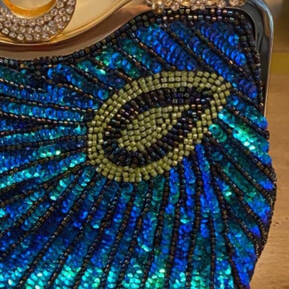 Beaded Bag Sequin Peacock Evening Clutch Purse for Women Formal Evening Blue - Picture 7 of 9